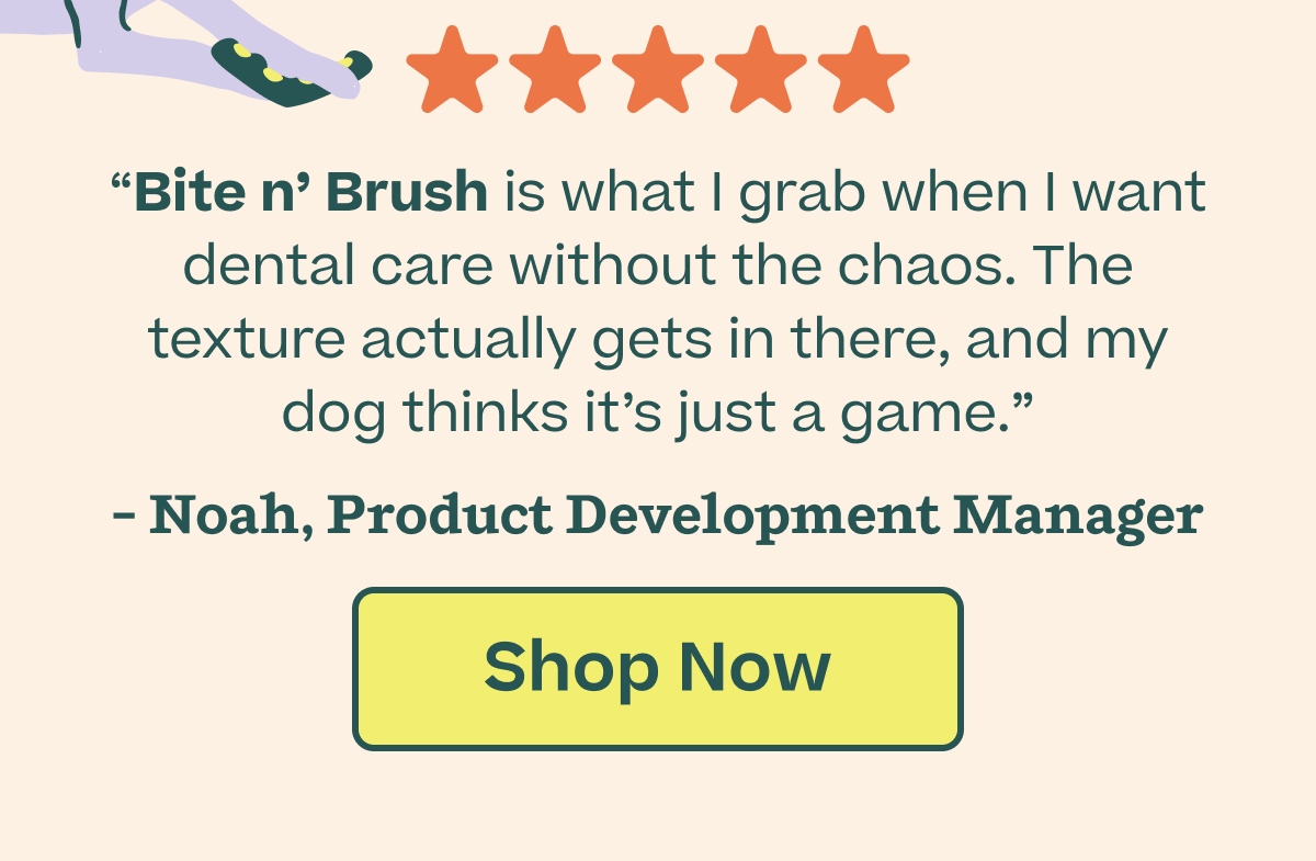 "Bite n' Brush is what I grab when I want dental care without the chaos. The texture actually gets in there, and my dog thinks it's just a game."