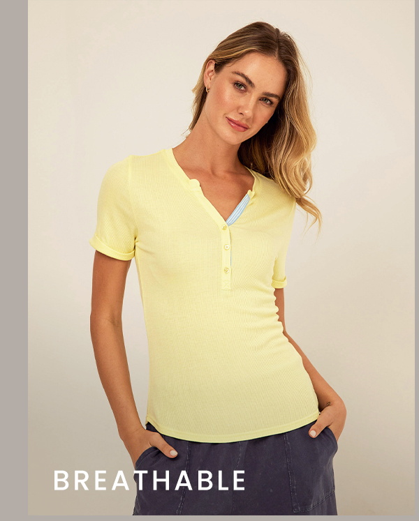 Akia Feather Rib Trim Detail Henley Tee