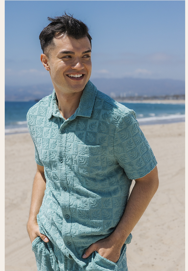 Paxton Tile Leaf Jacquard Terry Button-Down Pocket Shirt