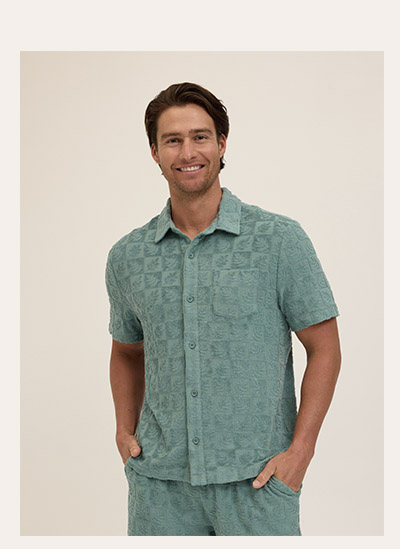 Paxton Tile Leaf Jacquard Terry Button-Down Pocket Shirt