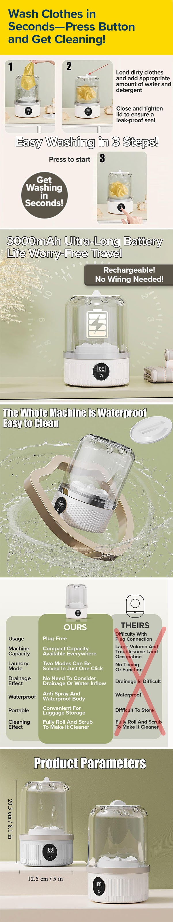 Wash Clothes in Seconds—Press Button and Get Cleaning!
