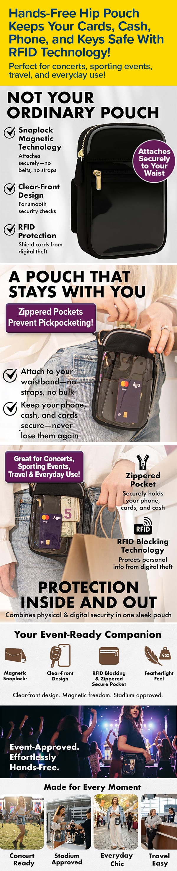 Hands-Free Hip Pouch Keeps Your Cards, Cash, Phone, and Keys Safe With RFID Technology!