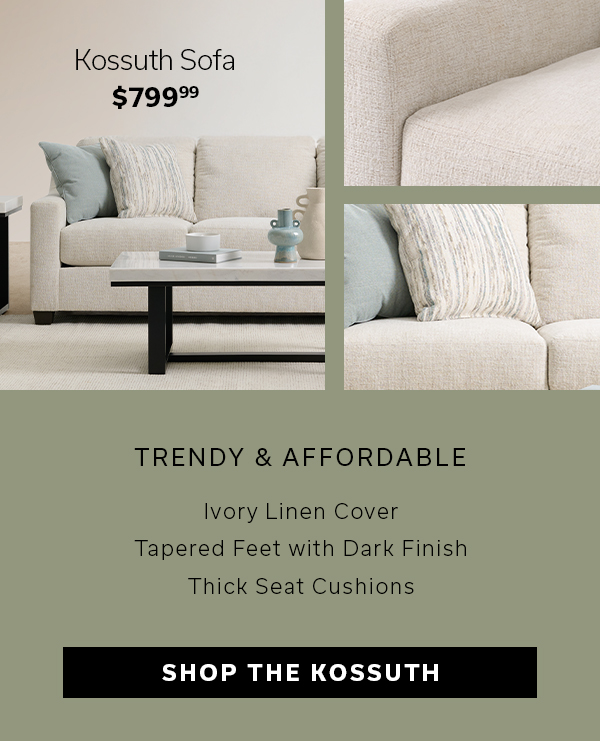 Trendy & Affordable | Ivory Linen Cover | Tapered Feet with Dark Finish | Thick Seats Cushions | SHOP THE KOSSUTH >