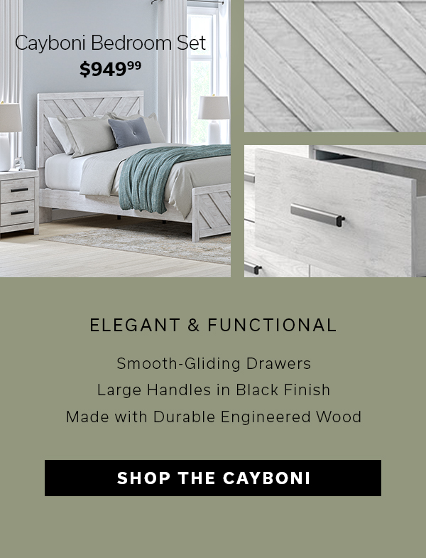 Cayboni Bedroom Set | $949.99 | Elegant & Functional | Smooth-Gliding Drawers | Large Handles in Black Finish | Made with Durable Engineered Wood | SHOP THE CAYBONI >