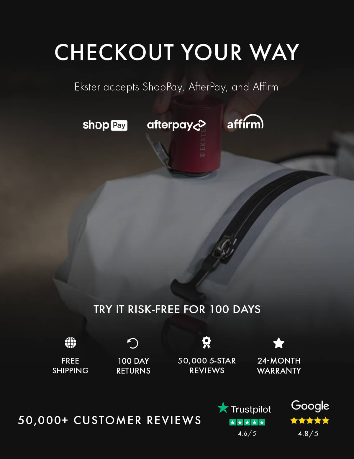 CHECKOUT YOUR WAY Ekster accepts ShopPay, AfterPay, and Affirm shopPay afterpay affirm TRY IT RISK-FREE FOR 100 DAYS FREE SHIPPING 100 DAY RETURNS 50,000 5-STAR REVIEWS 24-MONTH WARRANTY 50,000+ CUSTOMER REVIEWS Trustpilot 4.6/5 Google 4.8/5