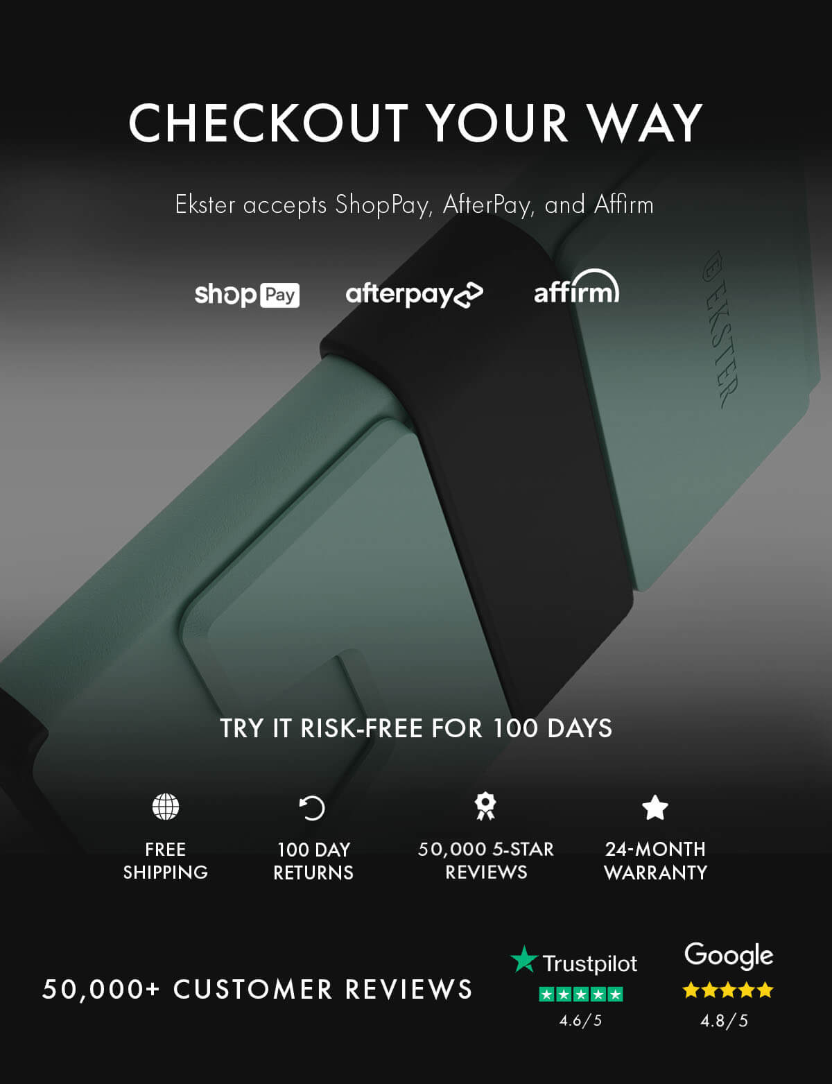 CHECKOUT YOUR WAY Ekster accepts ShopPay, AfterPay, and Affirm shopPay afterpay affirm TRY IT RISK-FREE FOR 100 DAYS FREE SHIPPING 100 DAY RETURNS 50,000 5-STAR REVIEWS 24-MONTH WARRANTY 50,000+ CUSTOMER REVIEWS Trustpilot 4.6/5 Google 4.8/5