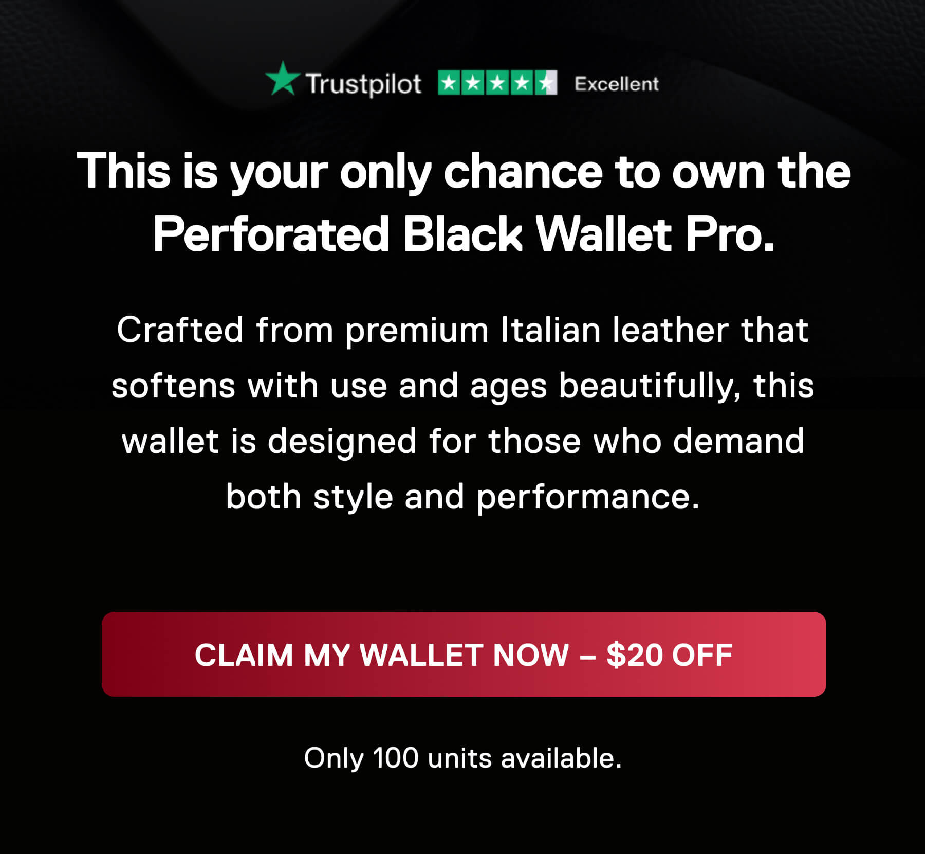 This is your only chance to own the Perforated Black Wallet Pro Christmas edition.   Crafted from premium Italian leather that softens with use and ages beautifully, this wallet is designed for those who demand both style and performance. CLAIM MY WALLET NOW - $20 OFF Only 100 units available.