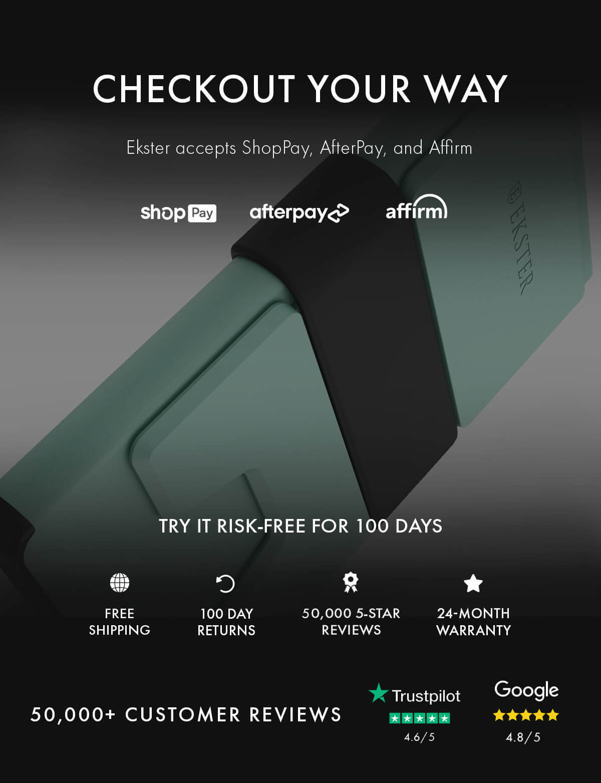 CHECKOUT YOUR WAY Ekster accepts ShopPay, AfterPay, and Affirm shopPay afterpay affirm TRY IT RISK-FREE FOR 100 DAYS FREE SHIPPING 100 DAY RETURNS 50,000 5-STAR REVIEWS 24-MONTH WARRANTY 50,000+ CUSTOMER REVIEWS Trustpilot 4.6/5 Google 4.8/5