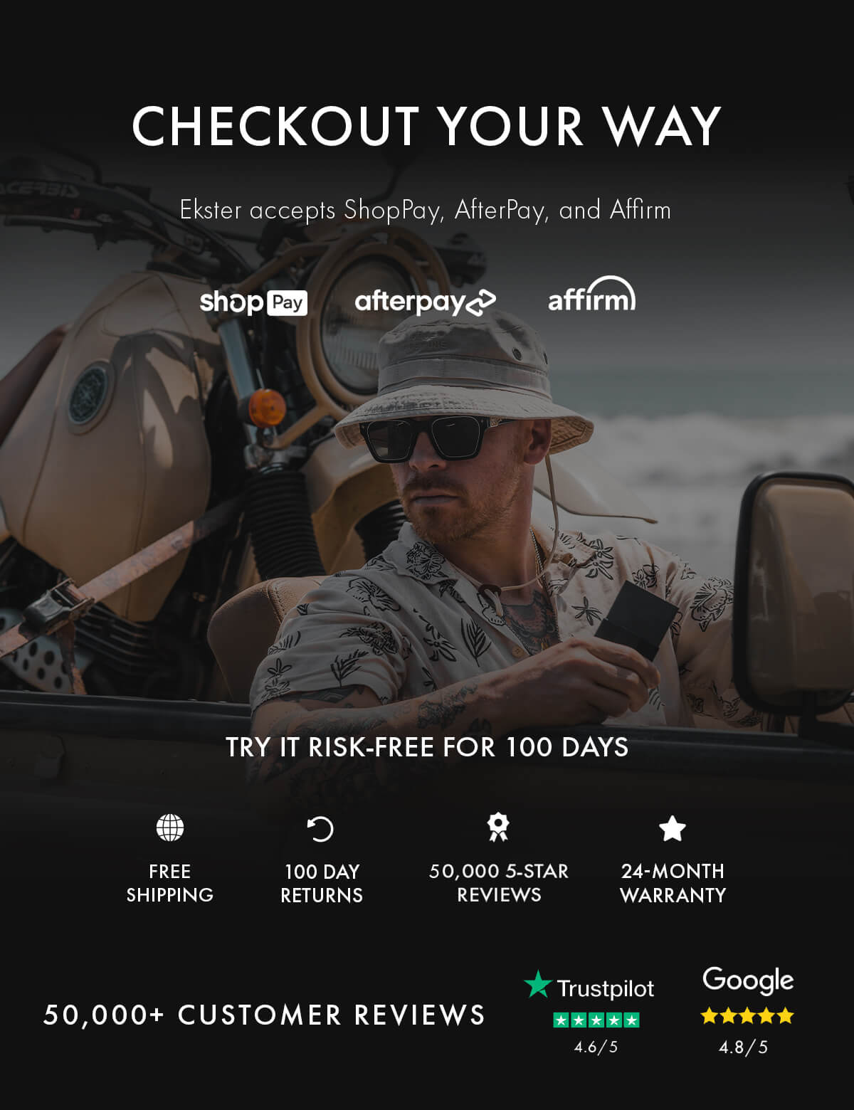 CHECKOUT YOUR WAY Ekster accepts ShopPay, AfterPay, and Affirm shopPay afterpay affirm TRY IT RISK-FREE FOR 100 DAYS FREE SHIPPING 100 DAY RETURNS 50,000 5-STAR REVIEWS 24-MONTH WARRANTY 50,000+ CUSTOMER REVIEWS Trustpilot 4.6/5 Google 4.8/5