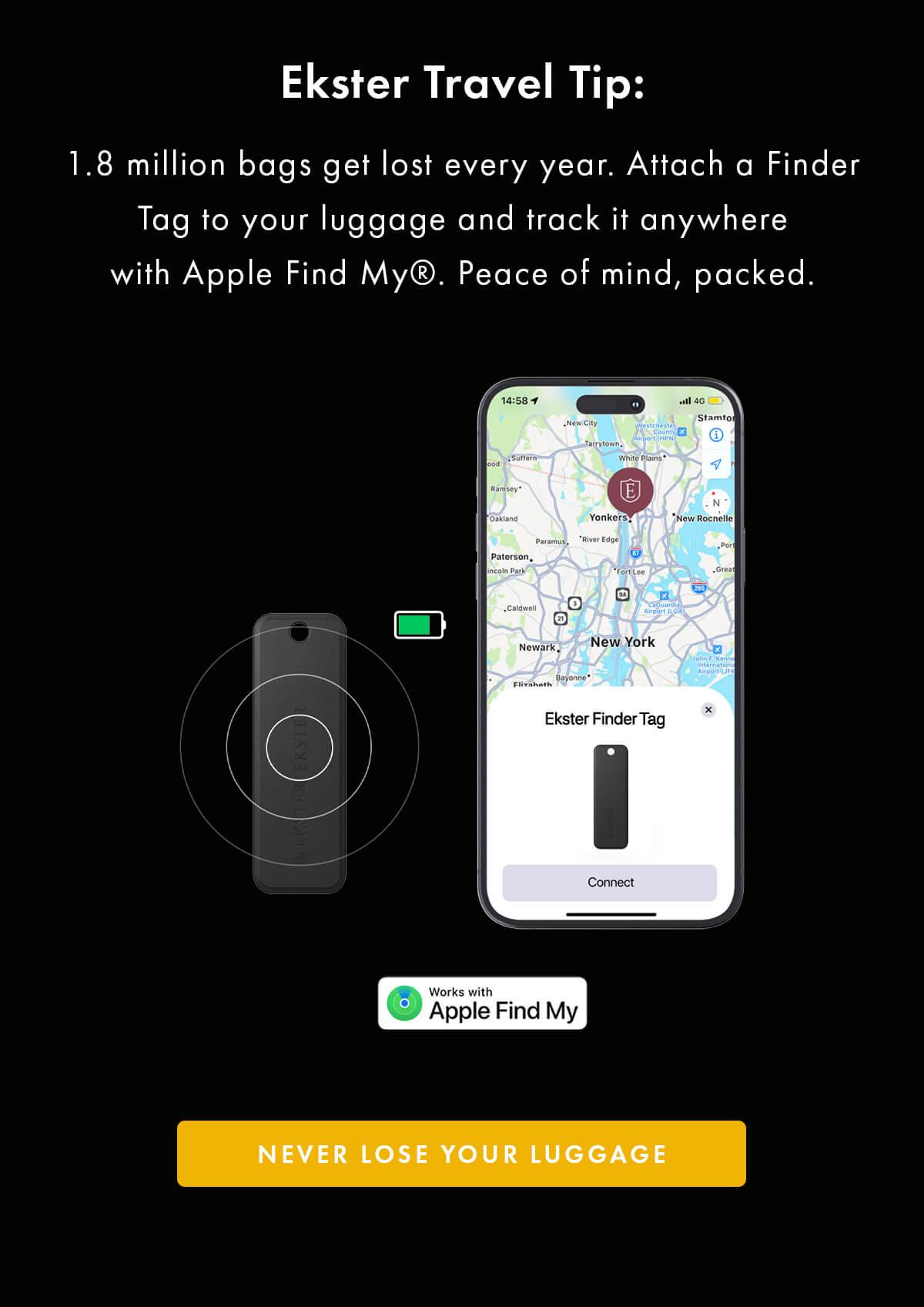 Ekster Travel Tip: 1.8 million bags get lost every year. Attach a Finder Tag to your luggage and track it anywhere with Apple Find My®. Peace of mind, packed. NEVER LOSE YOUR LUGAGE