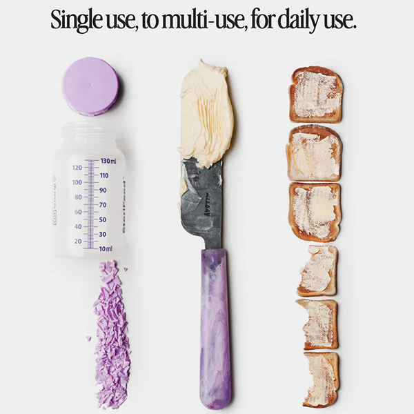Poster with text at the top saying 'single use, to multi-use, for daily use'. Shows baby milk bottle left, butter knife with purple handle and butter on knife middle, buttered toast lined up on the left.