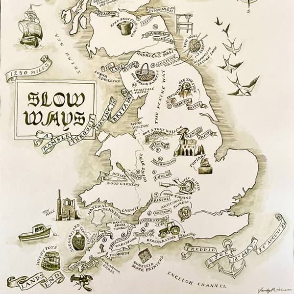 Handdrawn map of UK with different locations of slow making.