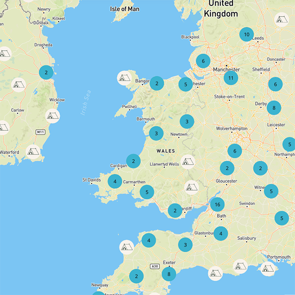Map of Wales with spots to camp across the country 