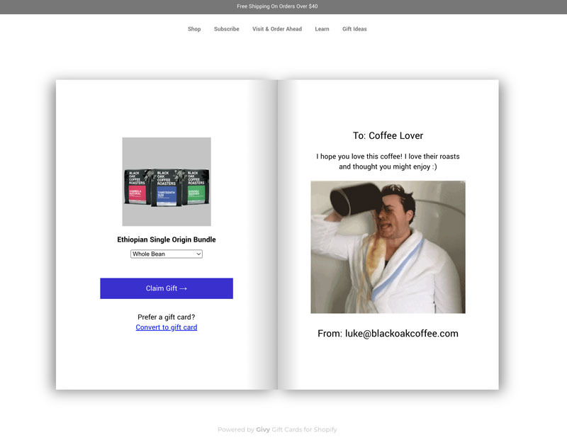 Gift redemption page