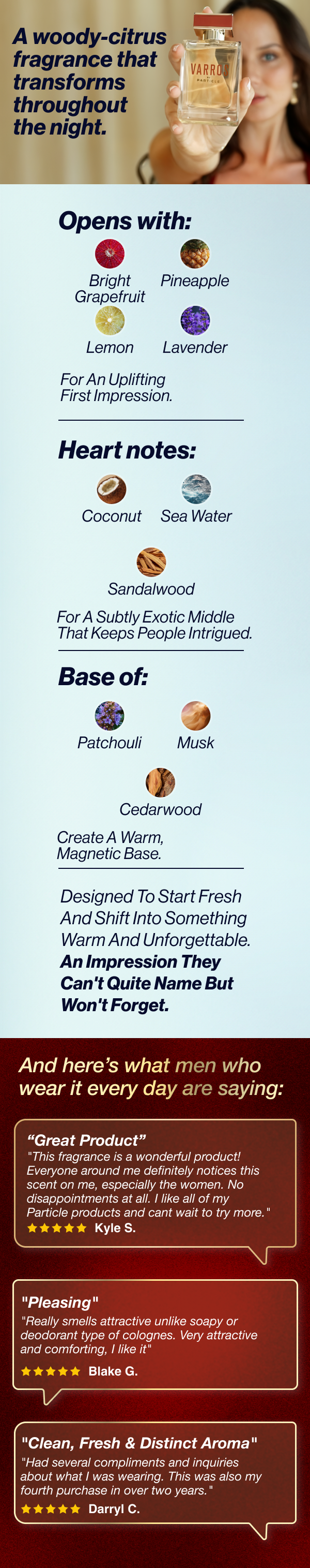 VARROS  A woody-citrus fragrance that transforms throughout the night. Opens with bright grapefruit, pineapple, lemon, and lavender for an uplifting first impression. The heart brings coconut, sea water, and sandalwood for a subtly exotic middle that keeps people intrigued. Patchouli, cedarwood, and musk create a warm, magnetic base. Designed to start fresh and shift into something warm and unforgettable. An impression they can't quite name but won't forget.  ⭐⭐⭐⭐⭐  "Great Product"  "This fragrance is a wonderful product! Everyone around me definitely notices this scent on me, especially the women. No disappointments at all. I like all of my Particle products and cant wait to try more."  Kyle S.  ⭐⭐⭐⭐⭐  "Pleasing"  "Really smells attractive unlike soapy or deodorant type of colognes. Very attractive and comforting, I Like it"  Blake G.  ⭐⭐⭐⭐⭐  "Clean, Fresh & Distinct Aroma"  "Had several compliments and inquiries about what I was wearing. This was also my fourth purchase in over two years."  Darryl C.