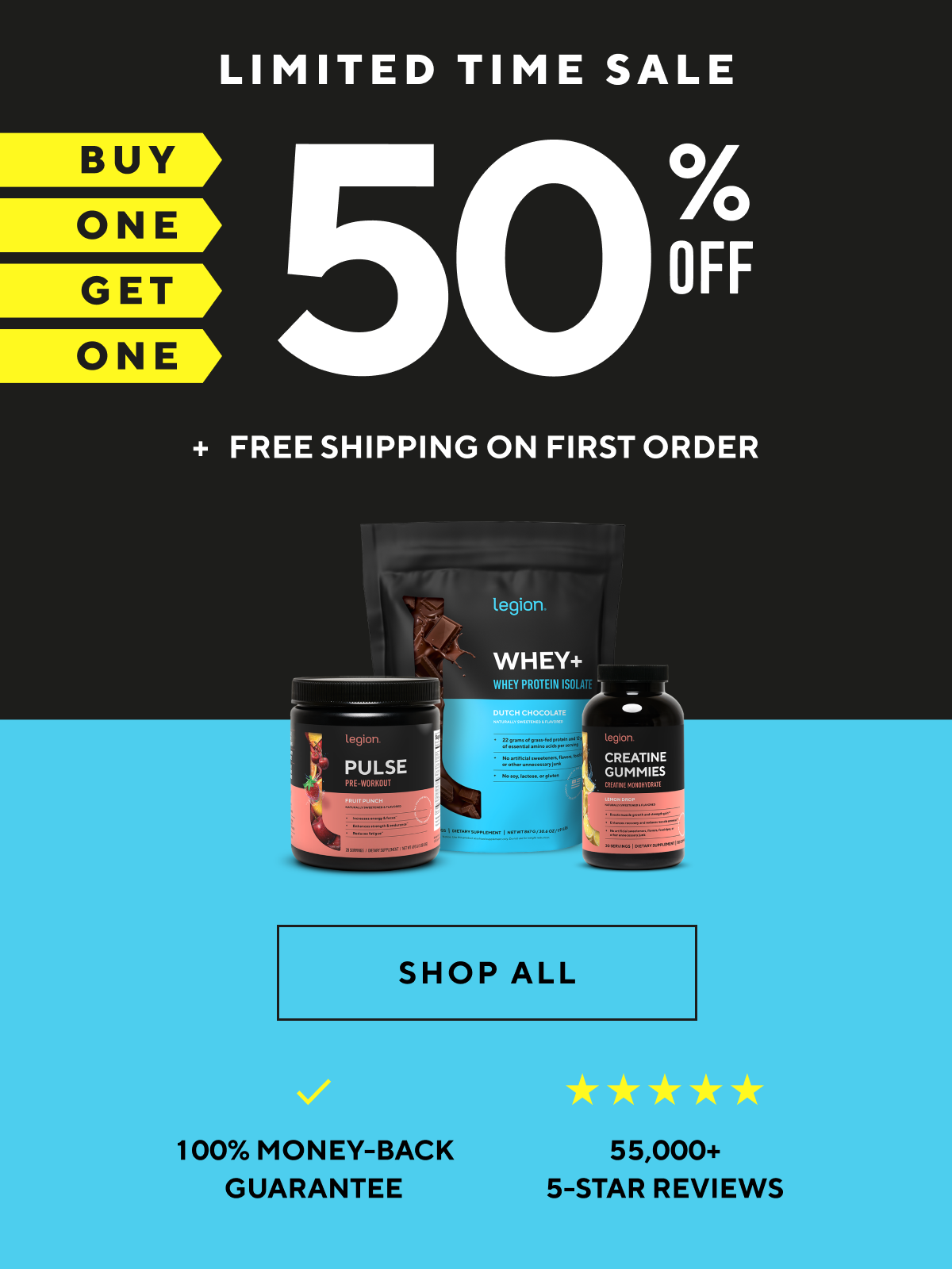 an image of a black and blue flyer with a picture of a bottle of whey
