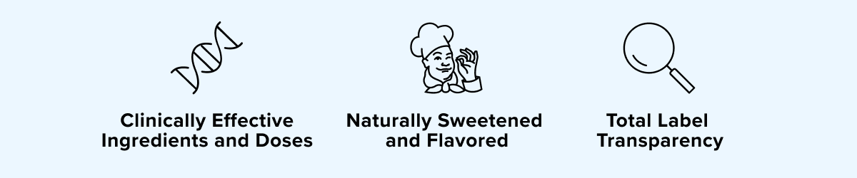 Clinically effective ingredients and doses, naturally sweetened and flavored, total label transparency