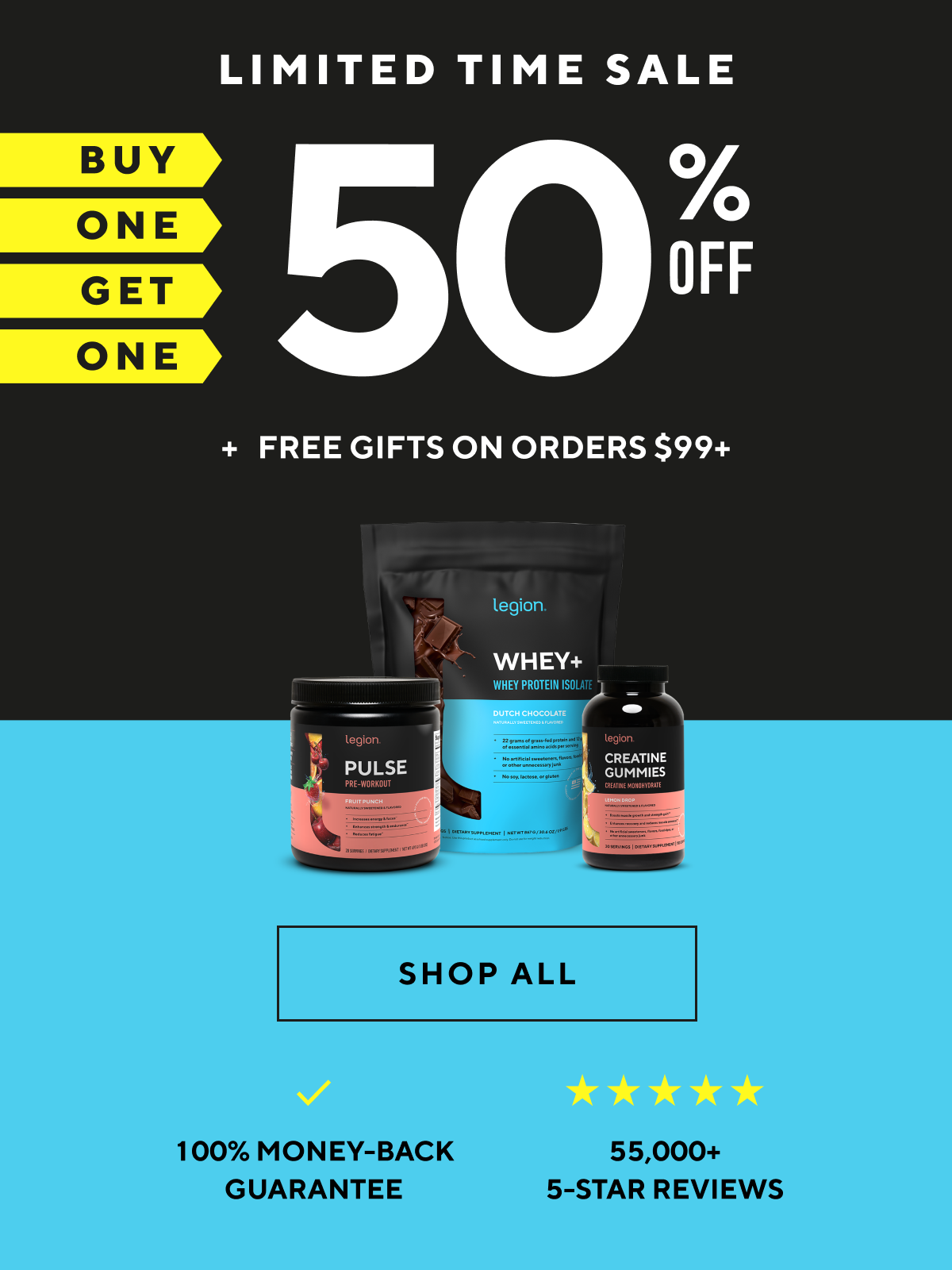 an image of a black and blue flyer with a picture of a bottle of whey