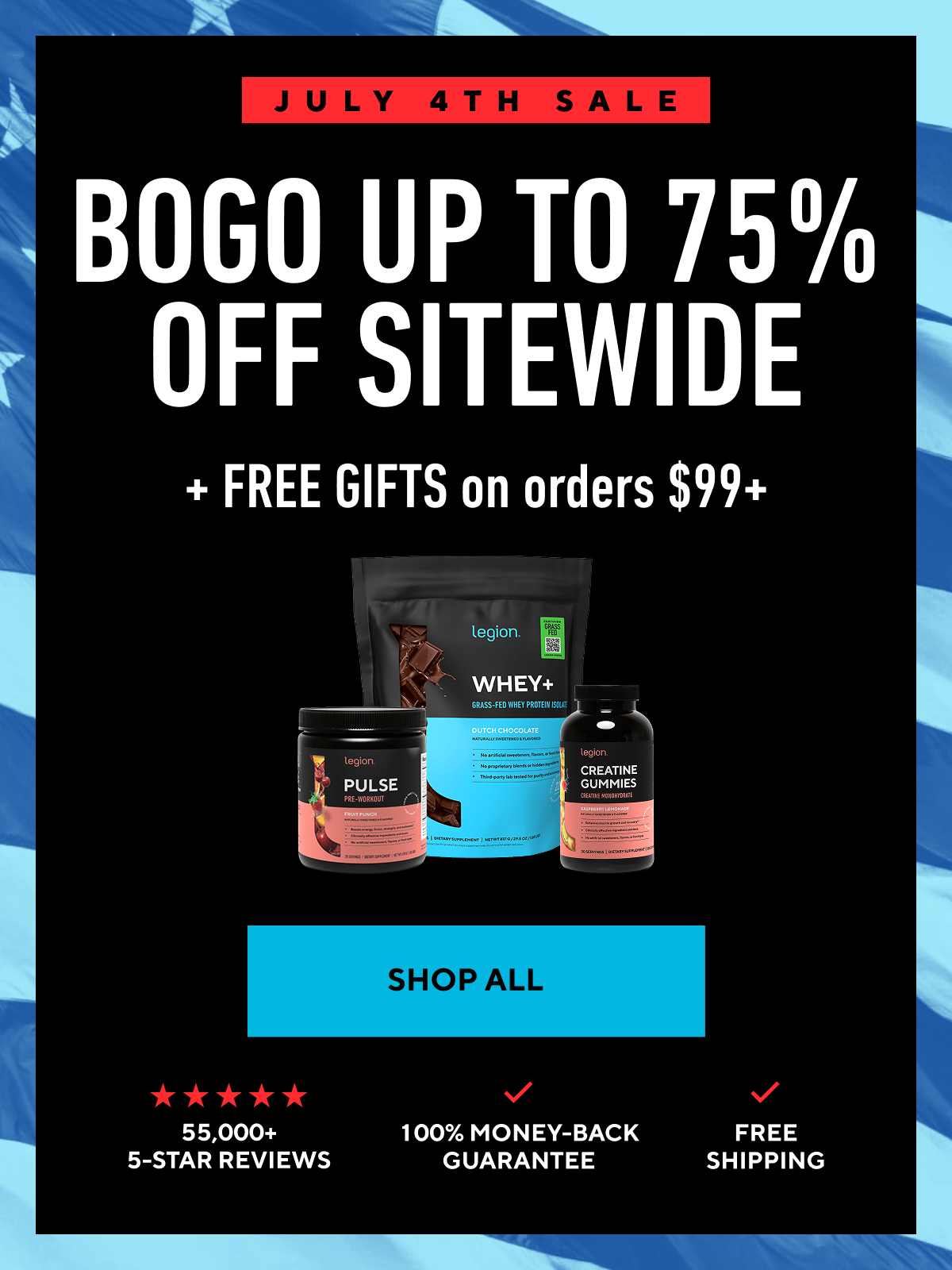 an image of a black and blue flyer with a picture of a bottle of whey