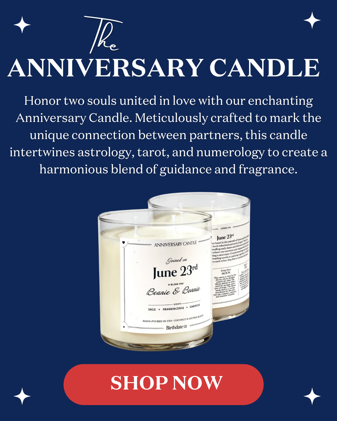 The Anniversary Candle- Honor two souls united in love with our enchanting Anniversary Candle. Meticulously crafted to mark the unique connection between partners, this candle intertwines astrology, tarot, and numerology to create a harmonious blend of guidance and fragrance. 