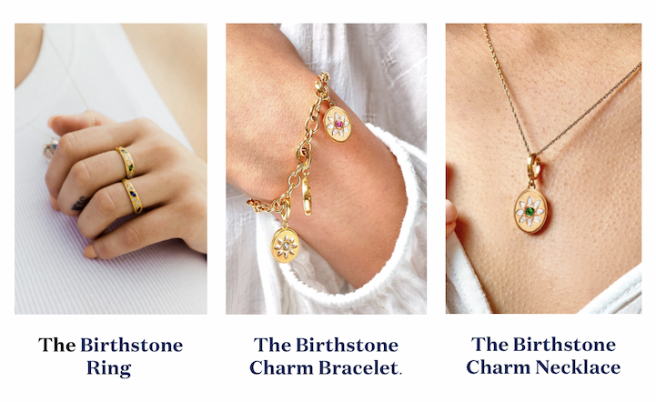 Shop Birthdate Co. Jewelry including The Birthstone Ring, The birthstone Charm Bracelet and The Birthstone Charm Necklace