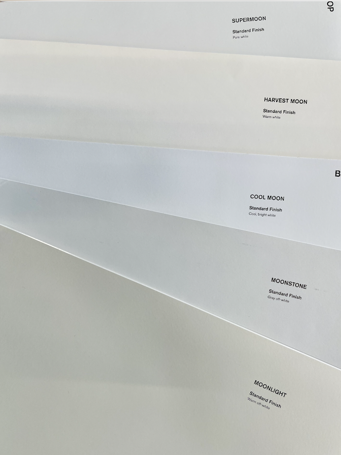 A collection of BACKDROP's white paint samples, an exact color match