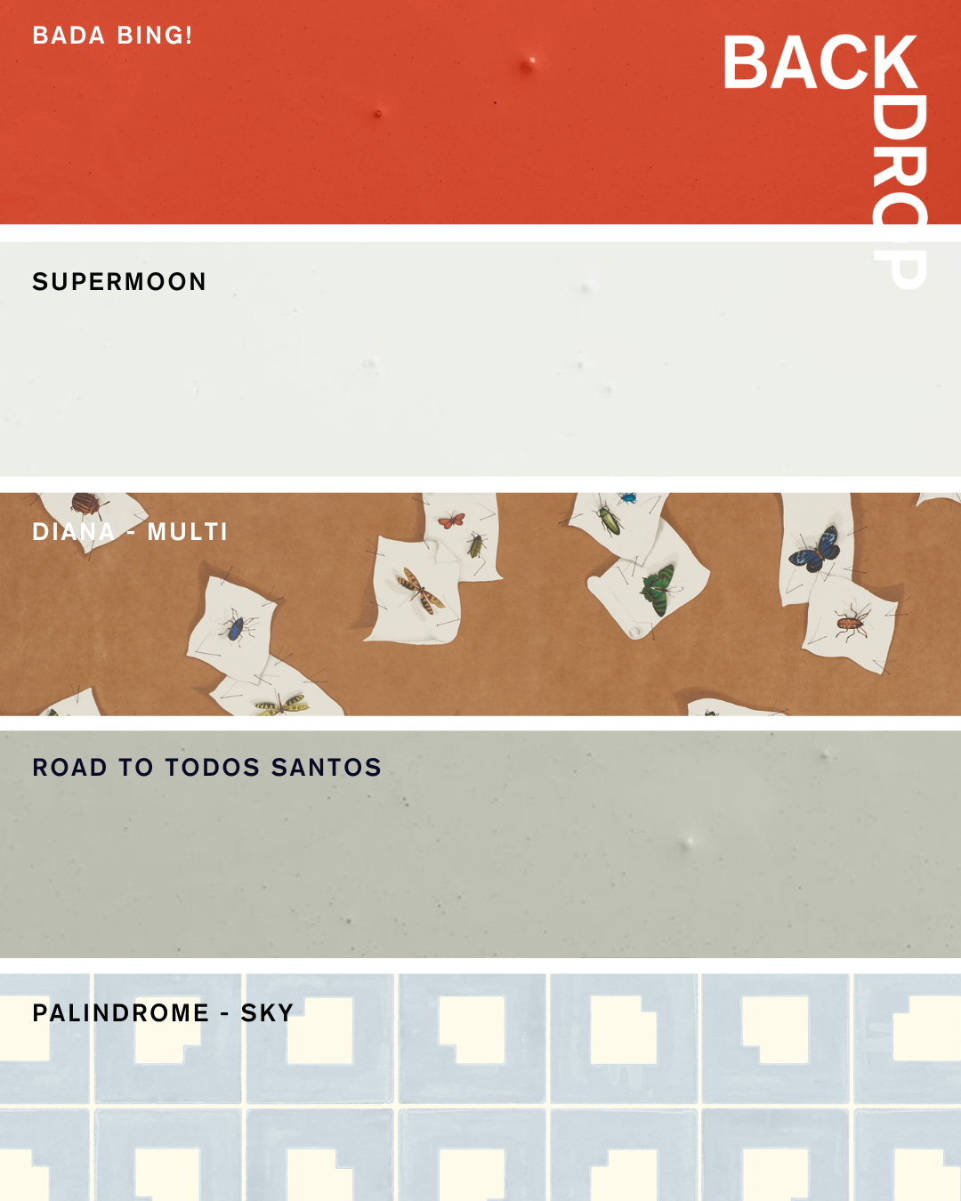 Backdrop's JANUARY Palette, including BADA BING!, SUPERMOON, DIANA, ROAD TO TODOS SANTOS, and PALINDROME