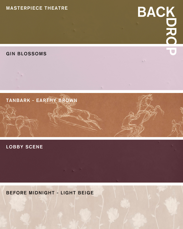 Backdrop's November Palette, including MASTERPIECE THEATRE, GIN BLOSSOMS, TANBARK, LOBBY SCENE, and MONTE CARLO SISAL