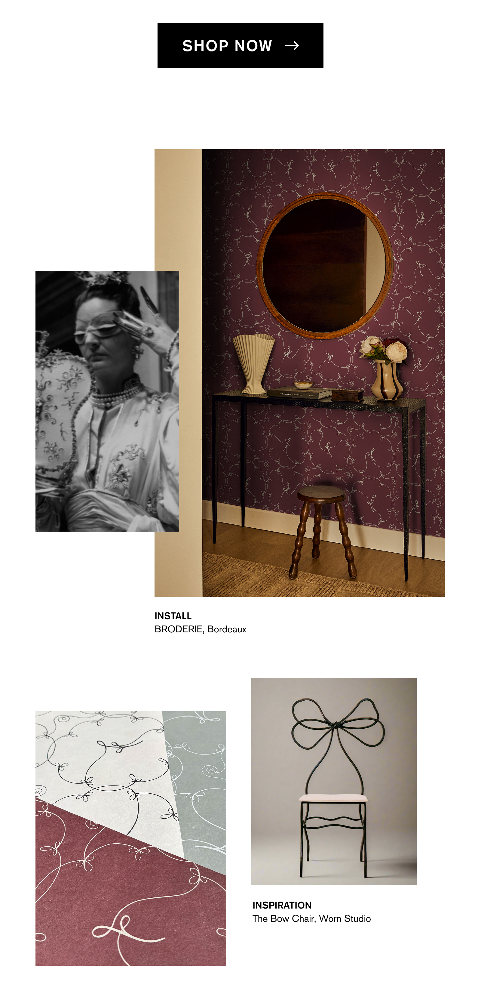 SHOP NOW : BRODERIE wallpaper by BACKDROP, an intricate, airy mid-scale design