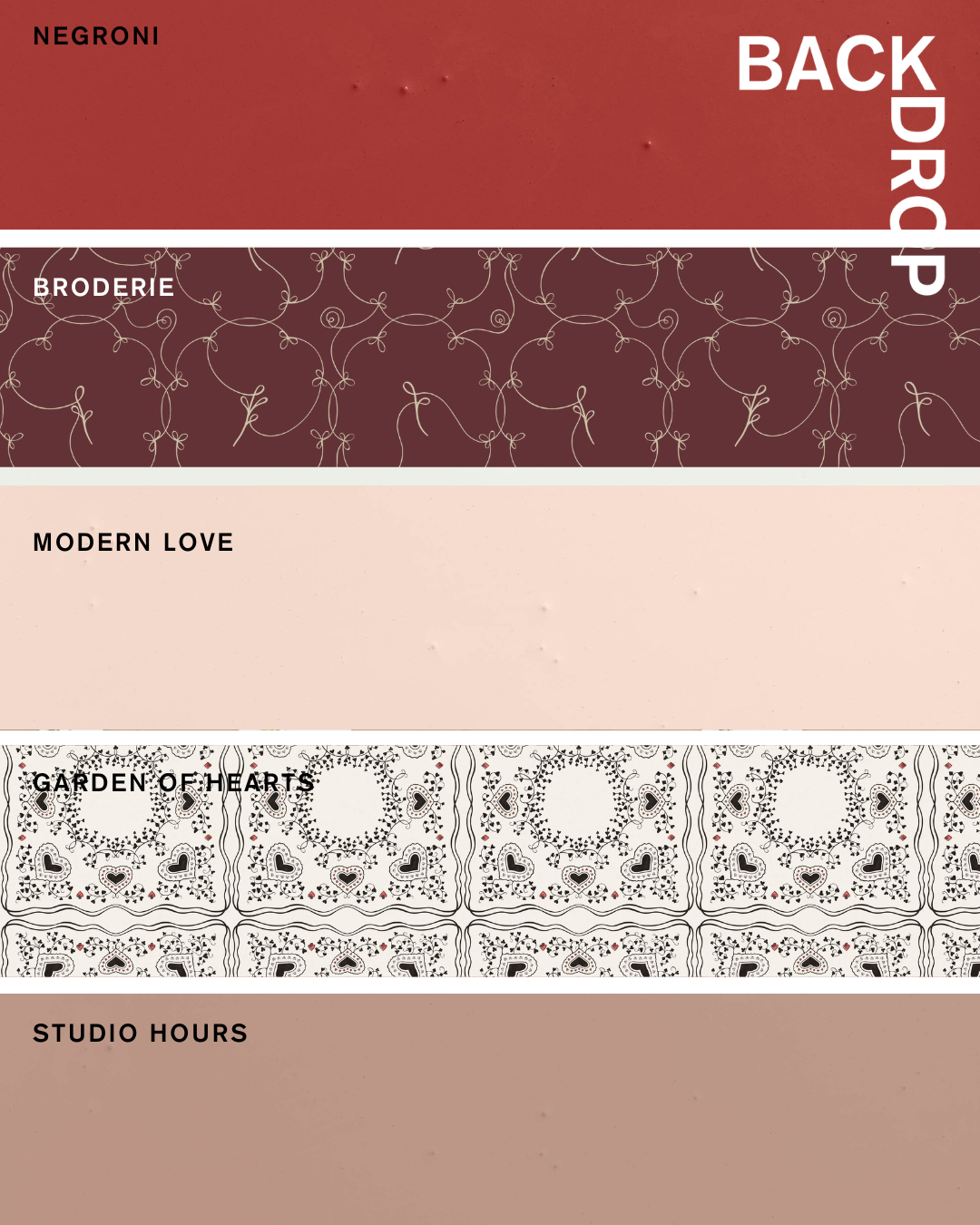 Backdrop's FEBRUARY Palette, including NEGRONI, BRODERIE, MODERN LOVE, GARDEN OF HEARTS, and STUDIO HOURS