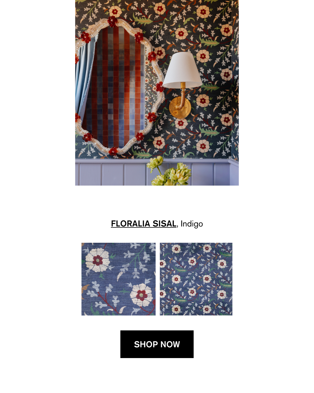 FLORALIA SISAL in Indigo, shown in Dabito's bathroom