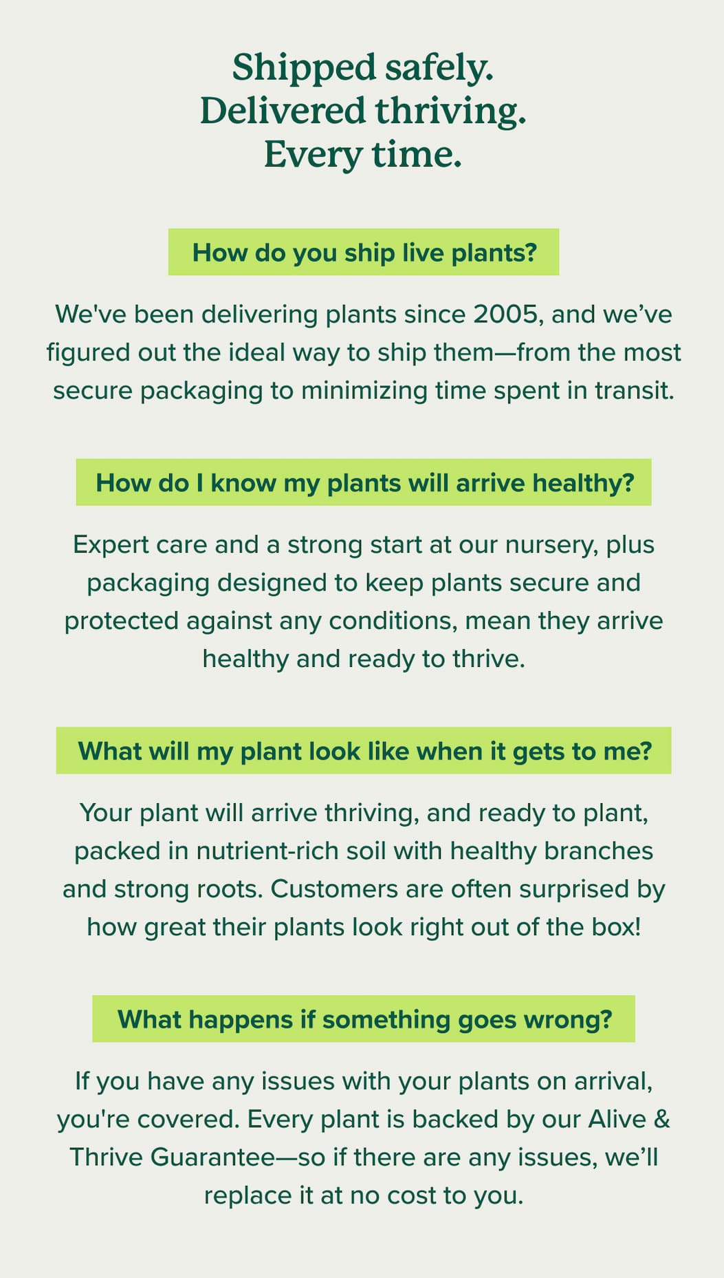 Shipped safely. Delivered thriving. Every time. Here's how we do it>>