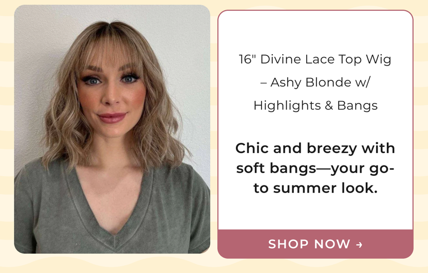 16" Divine Lace Top Wig – Ashy Blonde w/ Highlights & Bangs