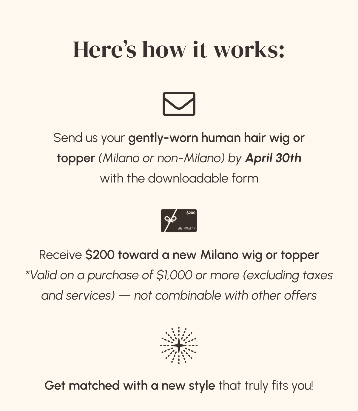 Here’s how it works: Send us your gently-worn human hair wig (Milano or non-Milano) + Receive $200 toward a new Milano wig or topper $1,000 or more in value (excluding taxes and services) *Discount is combinable with other offers + Get matched with a new style that truly fits you!
