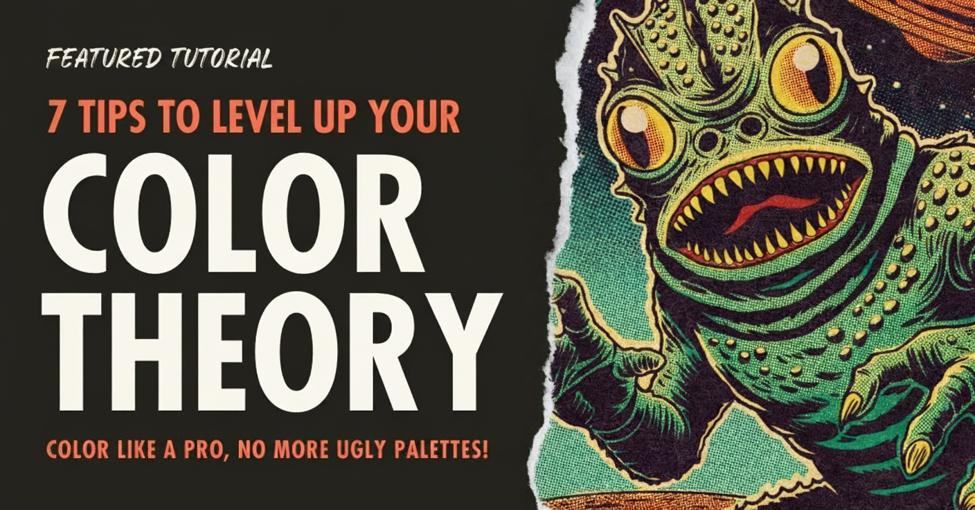 Illustration of a monster with text about color theory tips.