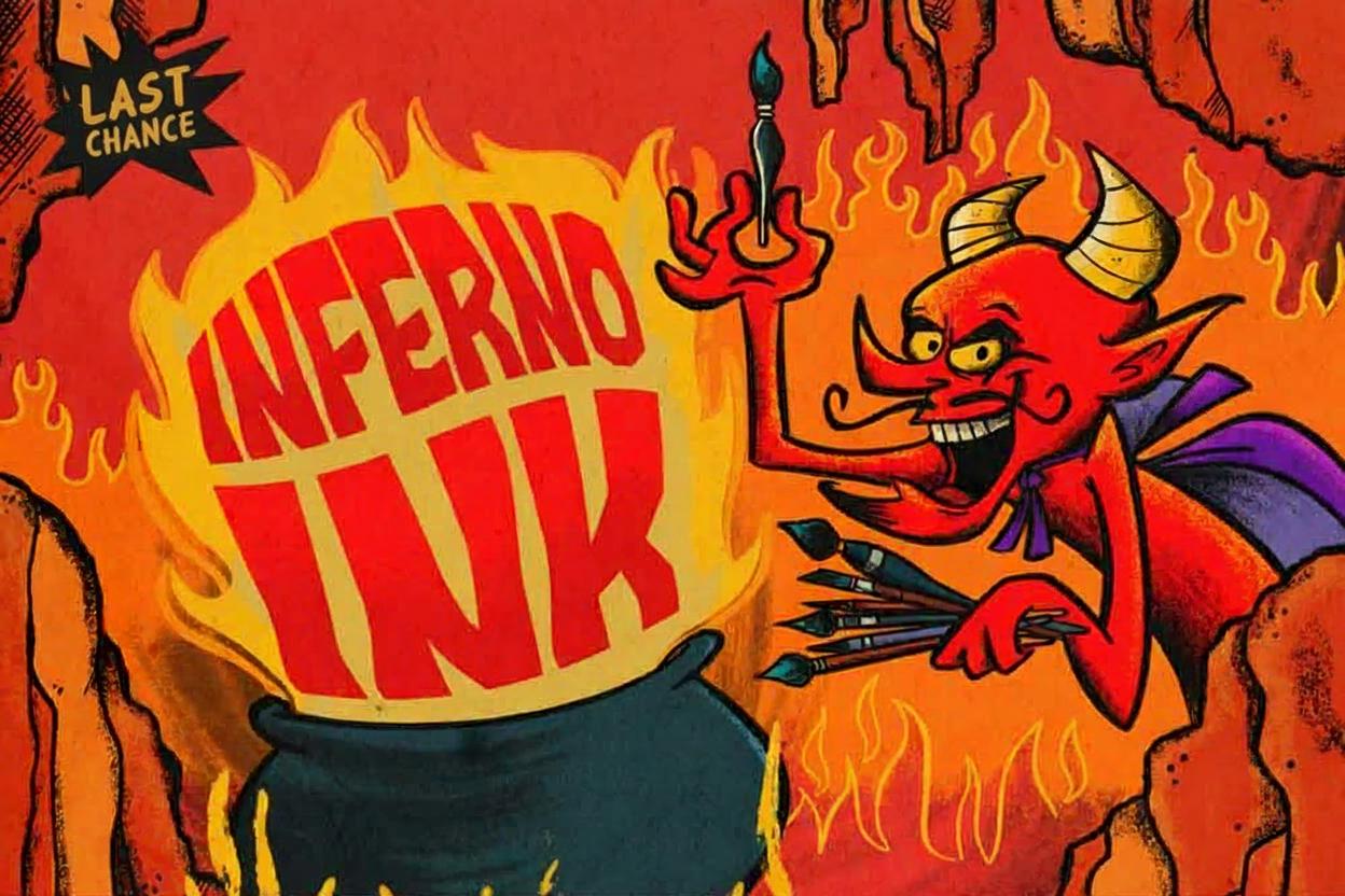 Illustration of a devil with a ink brushes and flaming cauldron that say "Inferno Ink"