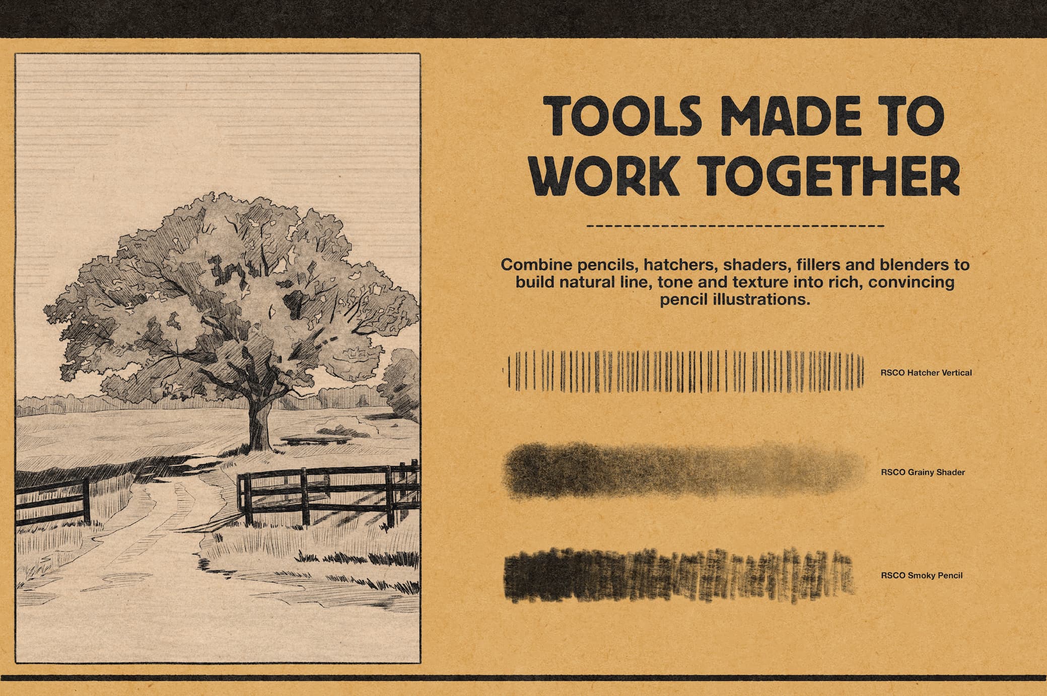 Studio Pencils: tools made to work together — tree illustration built with pencils, hatchers, shaders, and blenders