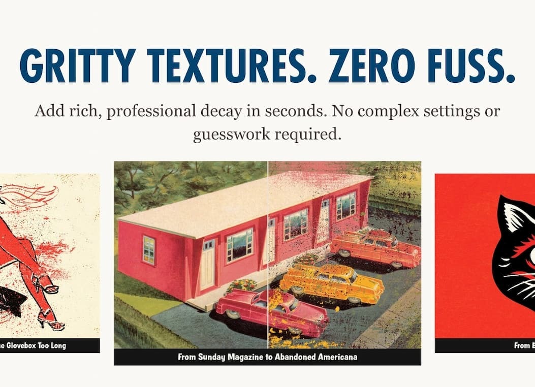 Gritty Textures. Zero Fuss. Example images of mid-century motel, woman, and black cat. 