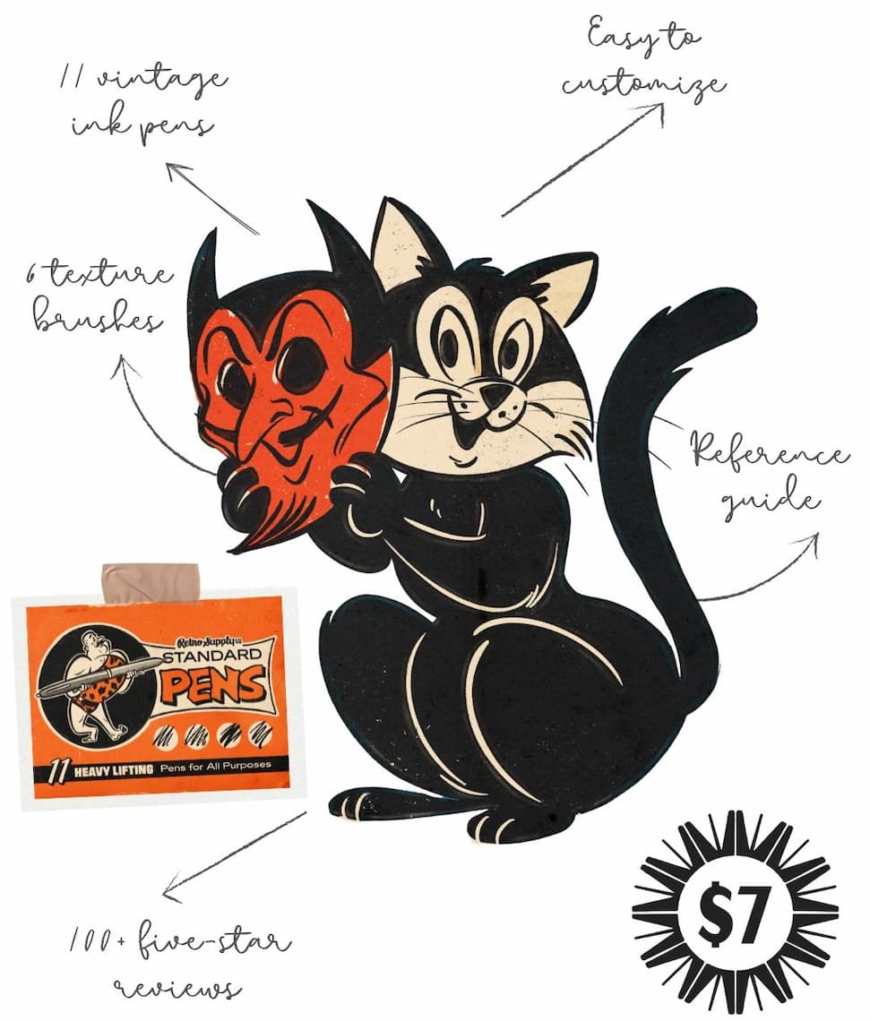 Illustration of cat with devil mask with Standard Pens from RetroSupply