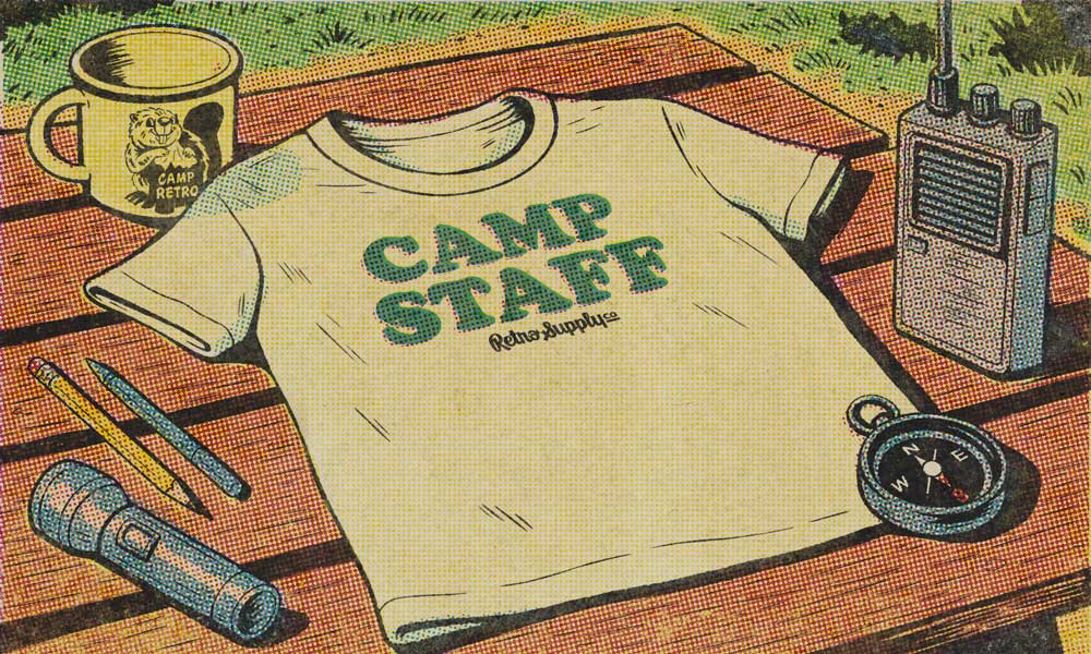 Camp Staff shirt, beaver mug, compass and other items on table in comic illustration