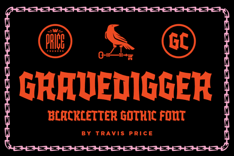 Gravedigger blackletter font previews including characters, type designs, and logos.