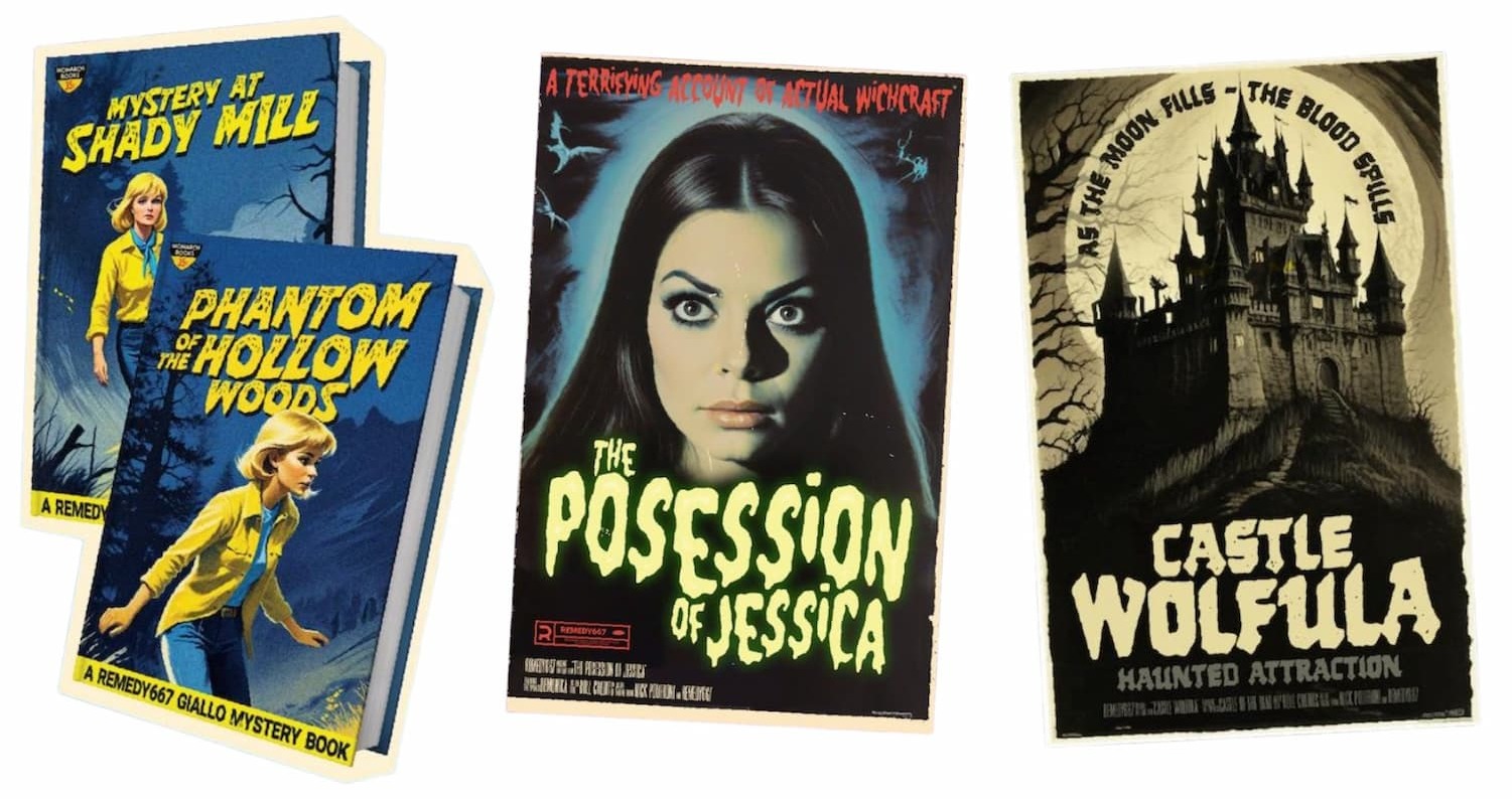 Mockups of The Horror Font Archive in action on vintage books and posters
