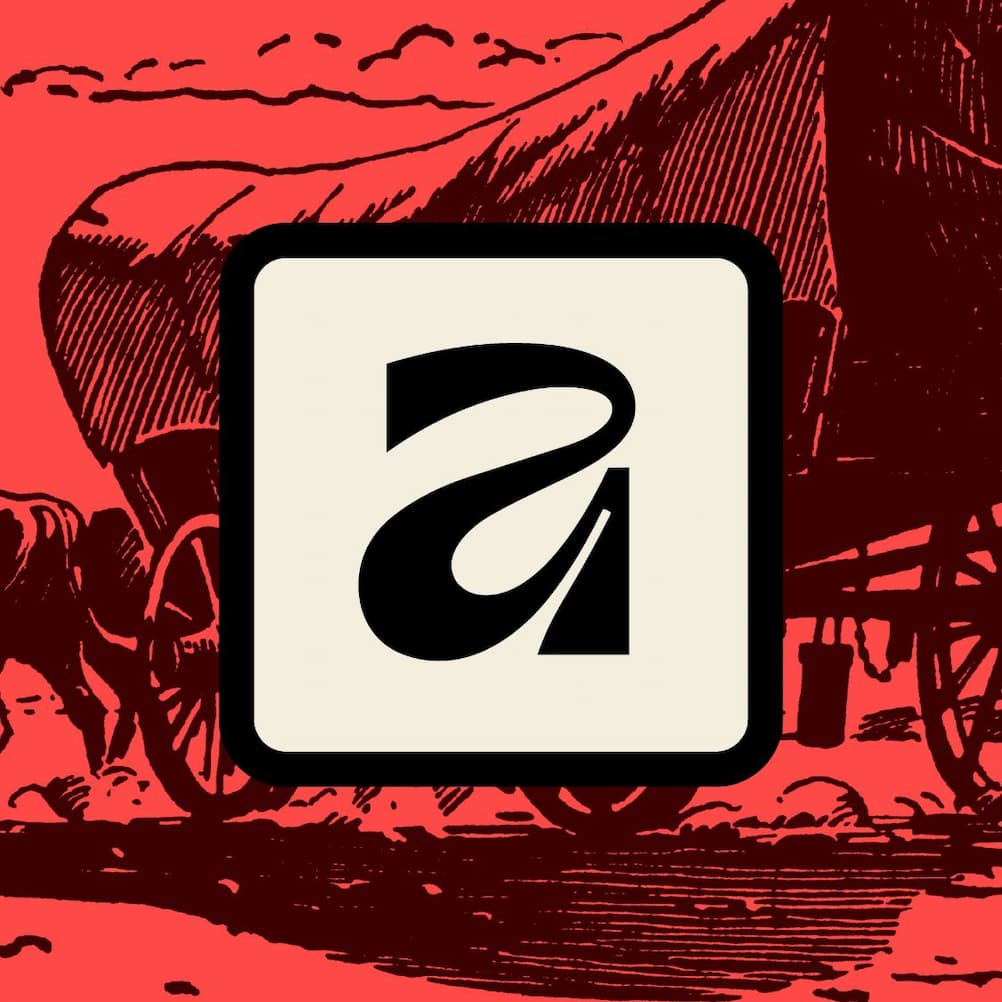 A dark green letter 'a' inside a white rounded square, overlaid on a comic-style illustration.