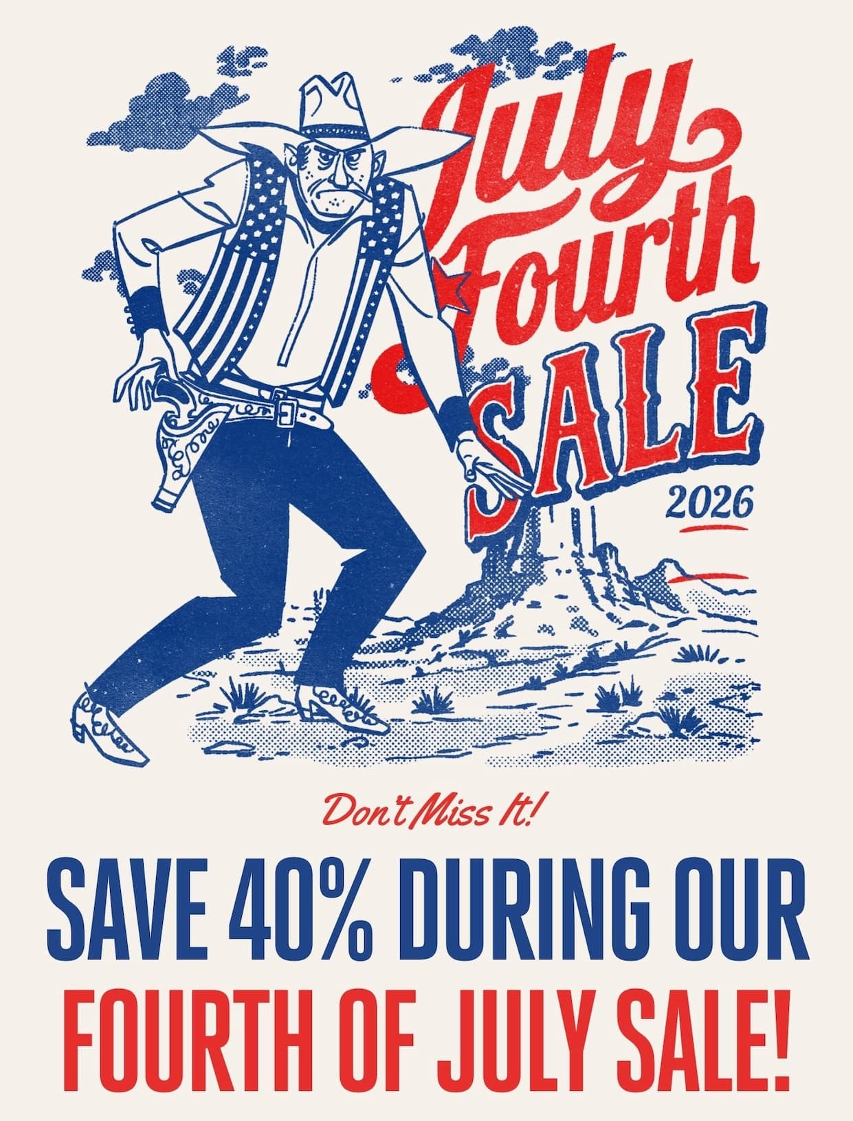 July Fourth Sale with menacing cowboy cartoon illustration in desert