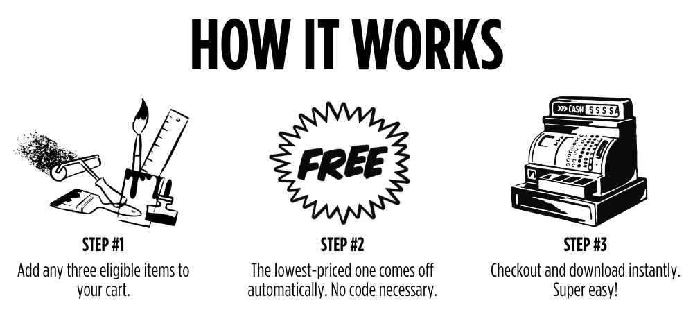 How It Works: Add three digital products, the lowest price comes off automatically, checkout and download instantly.