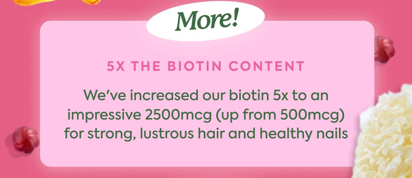  🌱 Enhanced Biotin Content - We've increased our biotin 5x to an impressive 2500mcg (up from 500mcg) for strong, lustrous hair and healthy nails