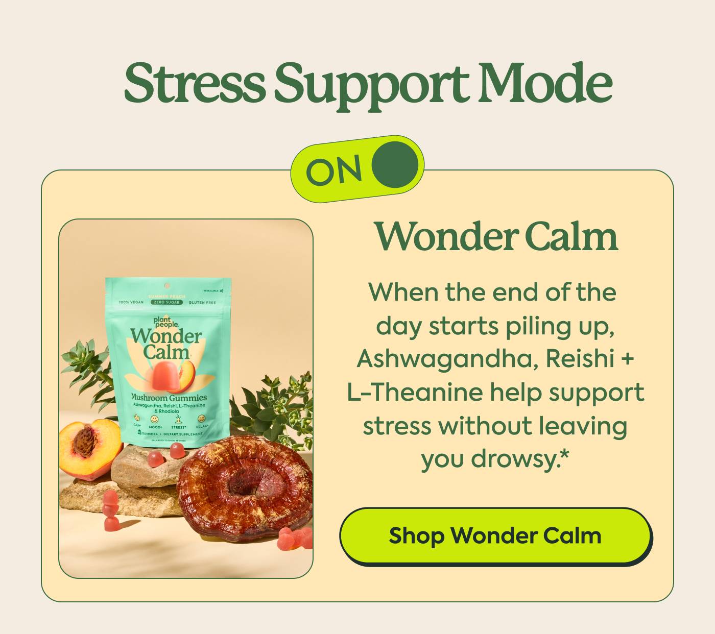 Wonder Calm When the end of the day starts piling up, Ashwagandha, Reishi, L-Theanine + Rhodiola help support stress + a good mood without leaving you drowsy. * Shop Wonder Calm