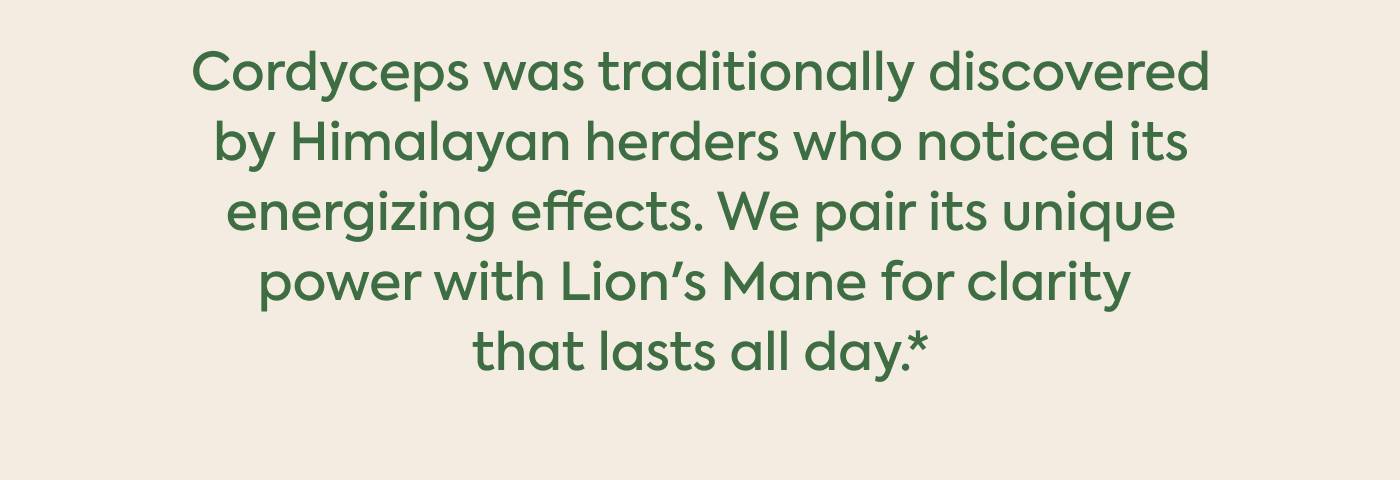 Cordyceps was traditionally discovered by Himalayan herders who noticed its energizing effects. We pair its unique power with Lion's Mane for clarity that lasts all day.