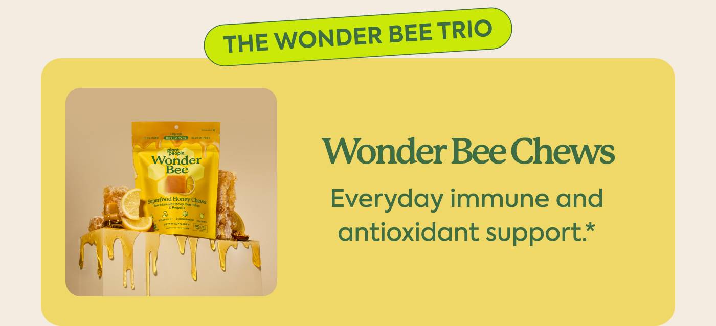 Wonder Bee Chews Manuka honey, bee pollen + propolis for everyday immune and antioxidant support, in a bright lemon chew.