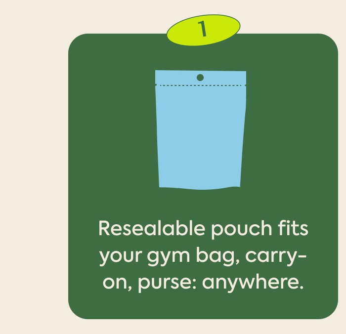 Resealable pouch fits your gym bag, carry-on, purse: anywhere.